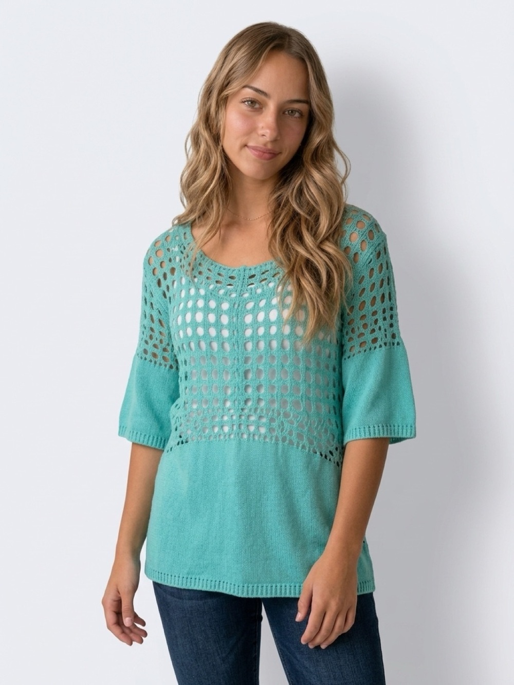 Lane Bryant Women's Blue Crochet Knit 3/4 Sleeve Blouse Size L - Picture 8 of 8